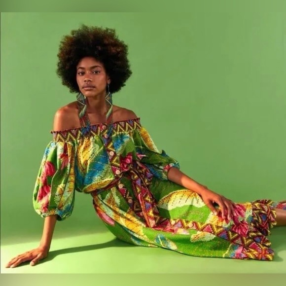 FARM Rio Dresses & Skirts - Farm Rio Banana Leaves Off-the-Shoulder Midi Dress, Size Small